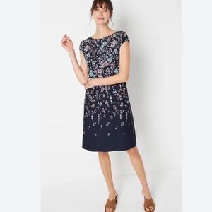 J.Jill Wearever Indigo Blue Cascade Floral Drapey Jersey Popover Dress Botanical
